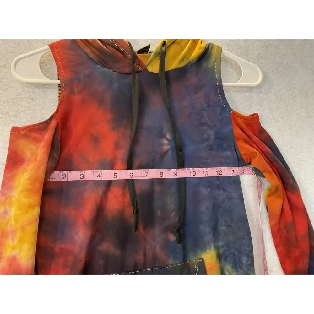 Tove Dress Womens Small Multicolor Tie Dye Hooded‎ Cold Shoulder Fleece Mini